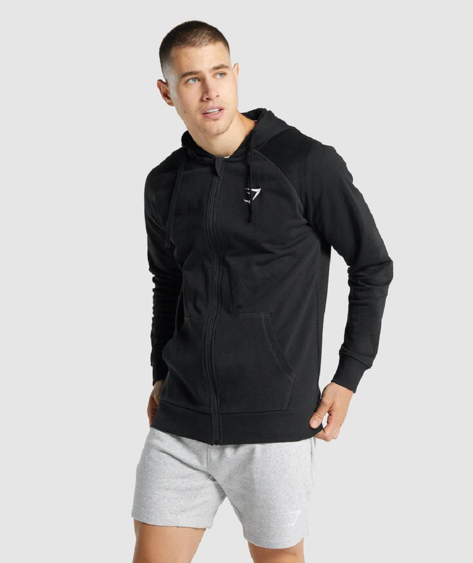 Bluzy Z Kapturem Męskie Gymshark Crest Zip Up Czarne | PL 3565HAP